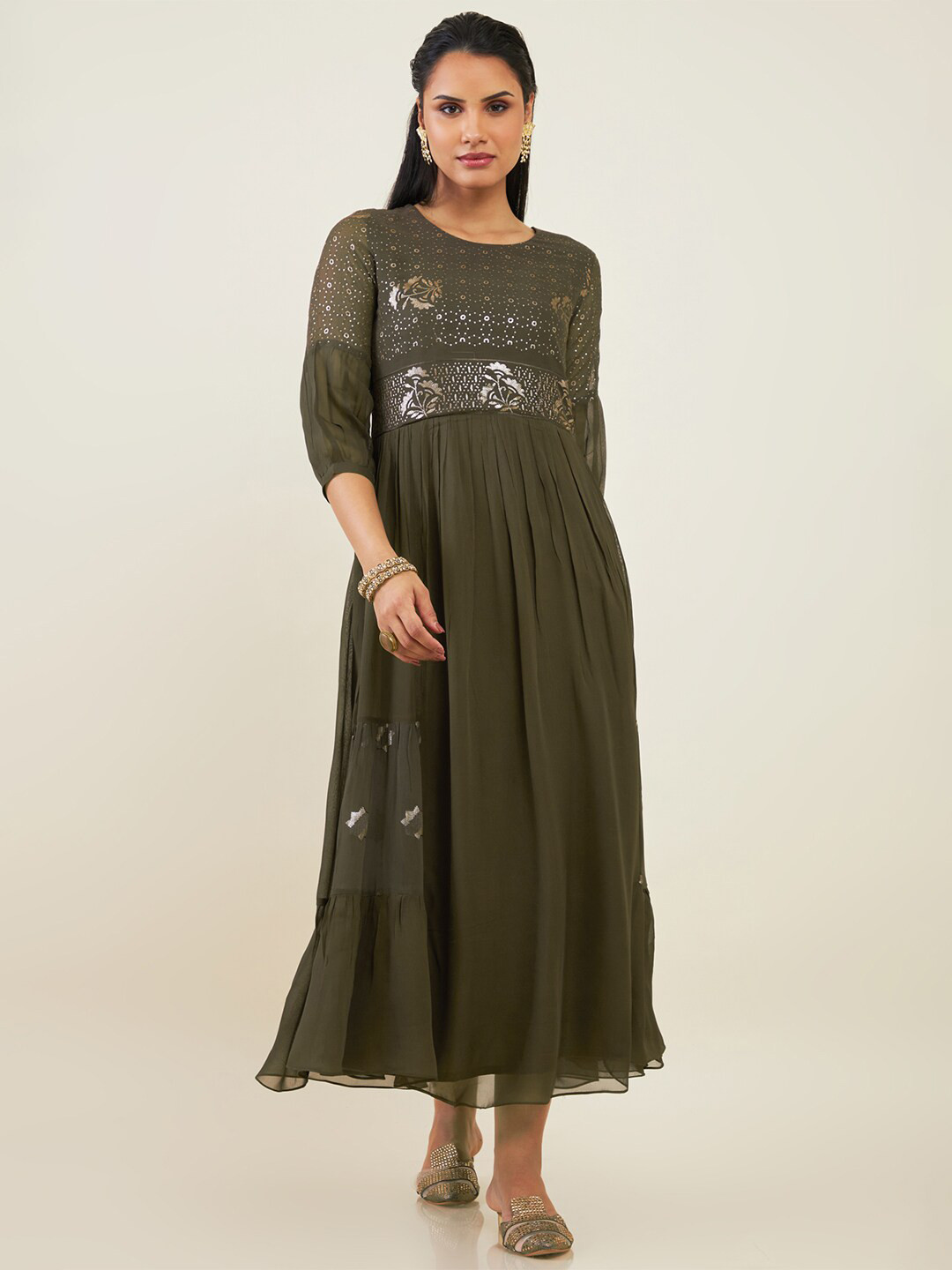 

Soch Round Neck Embellished Georgette Maxi Fit And Flare Ethnic Dress, Olive