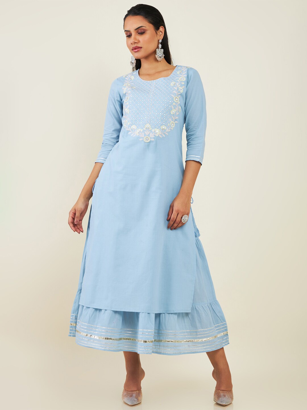 

Soch Round Neck Floral Embroidered Maxi Fit And Flare Cotton Ethnic Dress, Blue