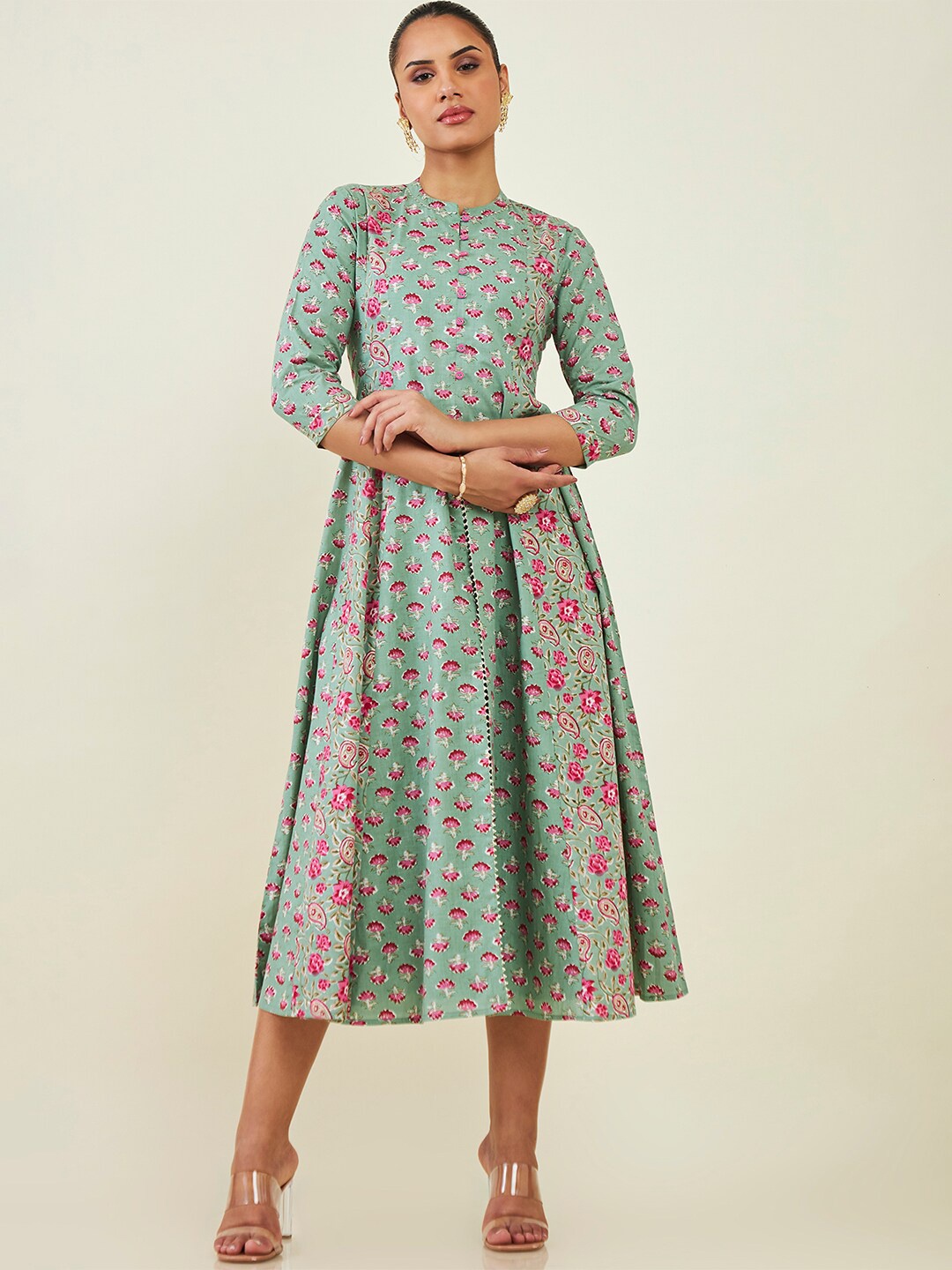 

Soch Mandarin Collar Floral Printed Cotton Fit & Flare Midi Ethnic Dress, Green