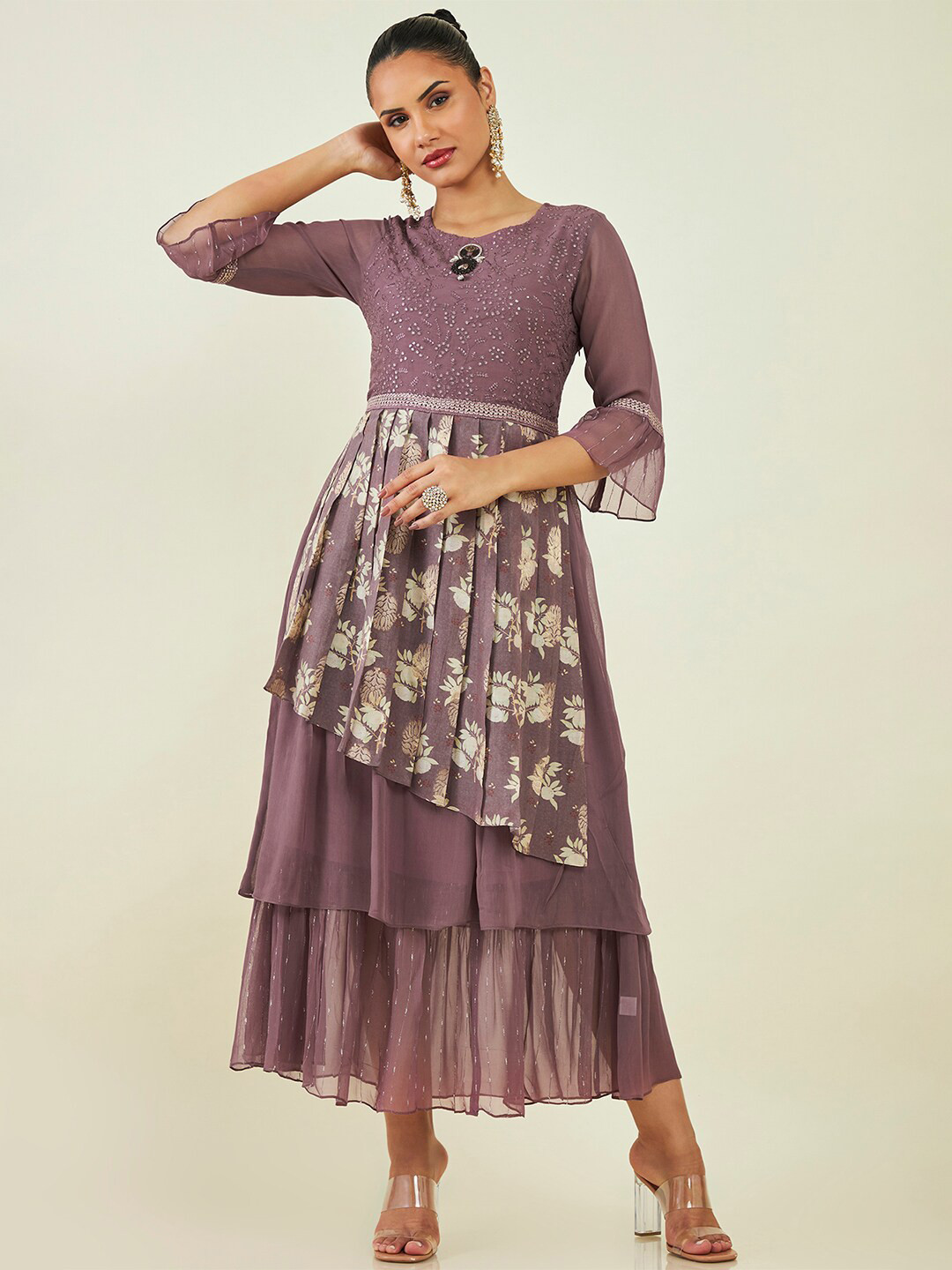 

Soch Round Neck Embellished Georgette Maxi Fit And Flare Ethnic Dress, Purple
