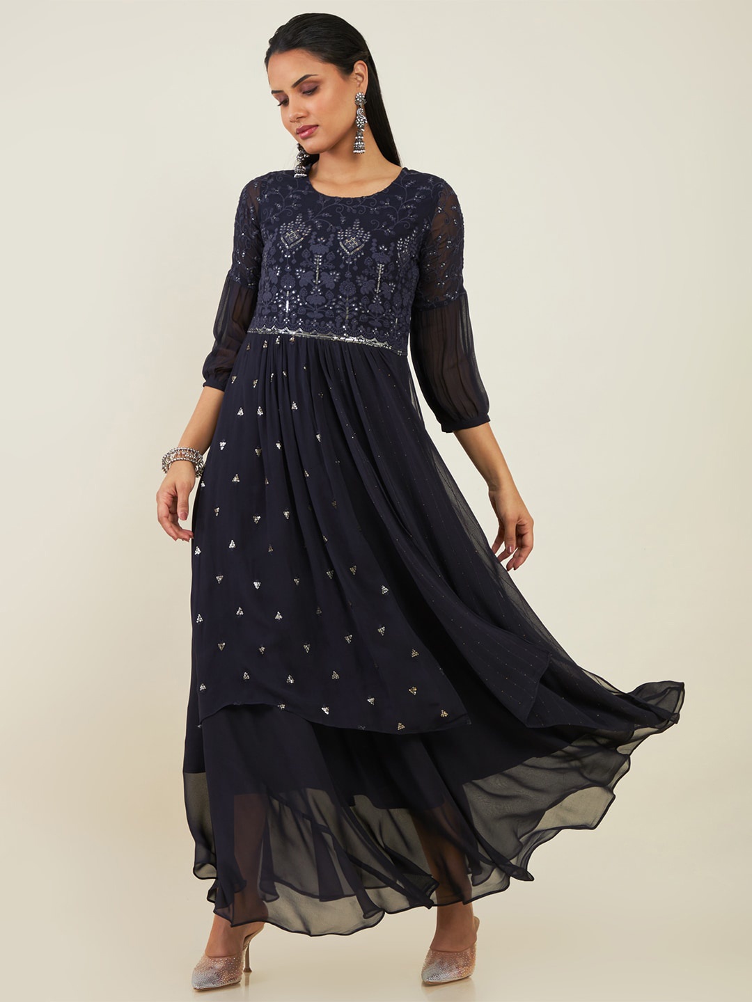 

Soch Round Neck Embellished Georgette Maxi Fit And Flare Ethnic Dress, Black