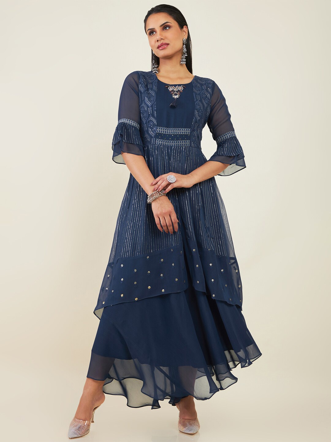 

Soch Round Neck Embellished Georgette Maxi Fit And Flare Ethnic Dress, Blue