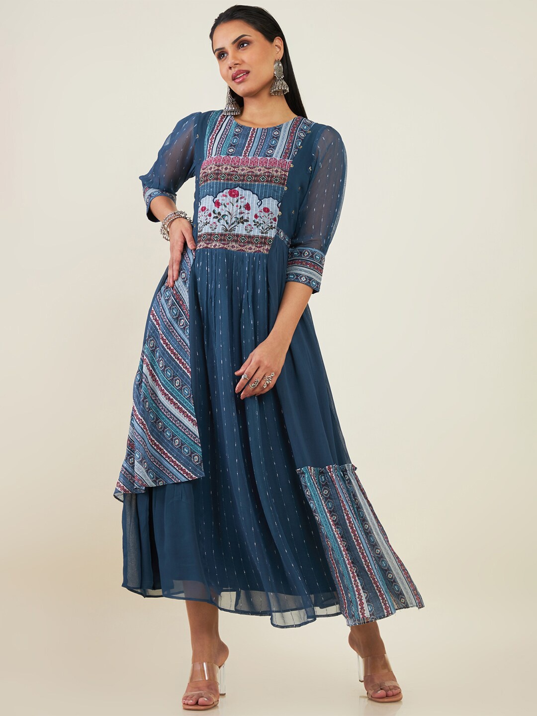 

Soch Floral Printed Georgette Fit & Flare Midi Ethnic Dress, Blue