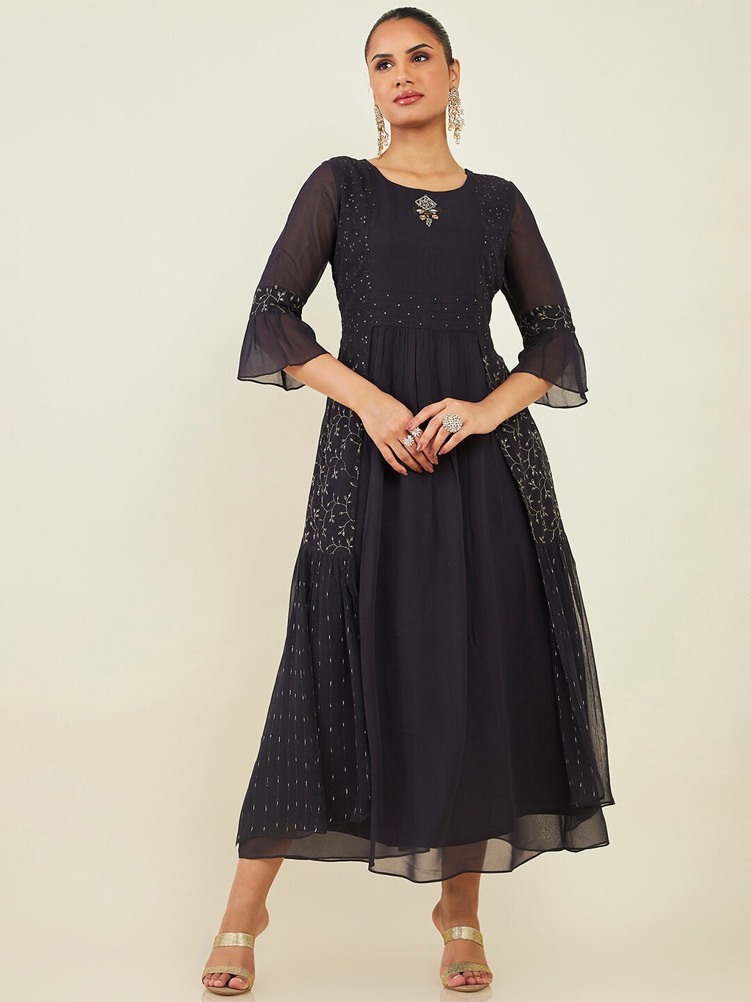 

Soch Round Neck Embellished Georgette Maxi Fit And Flare Ethnic Dress, Black