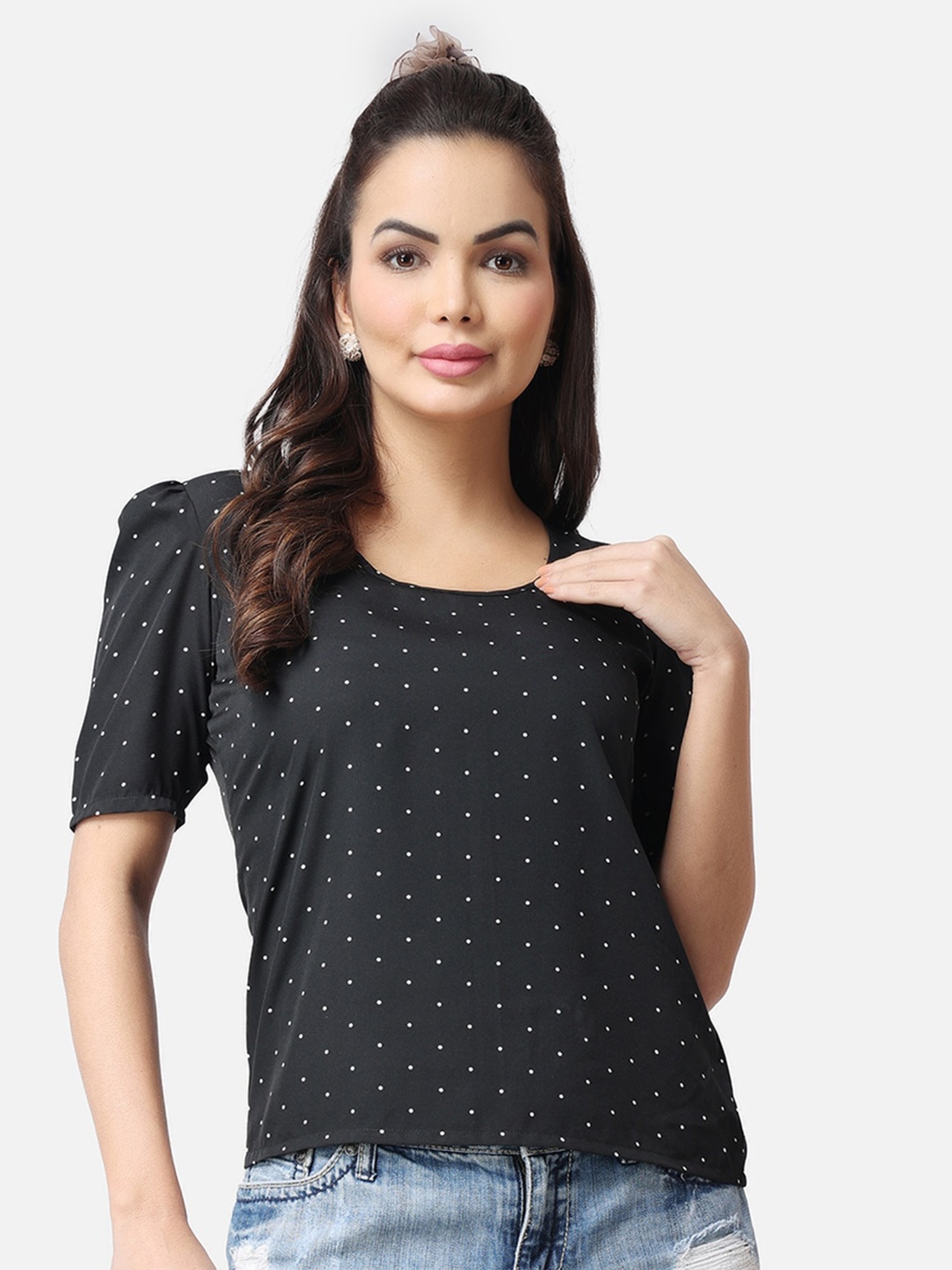 

Popwings Polka Dots Printed Round Neck Puff Sleeves Top, Black