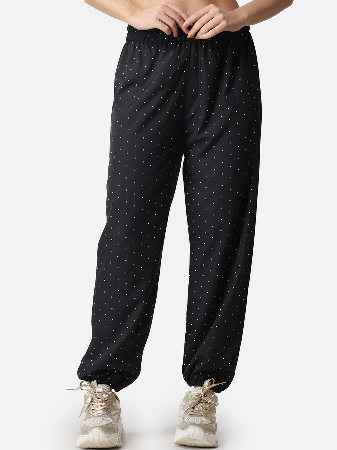 

Popwings Women Polka Dot Printed Relaxed Loose Fit High-Rise Easy Wash Joggers, Black