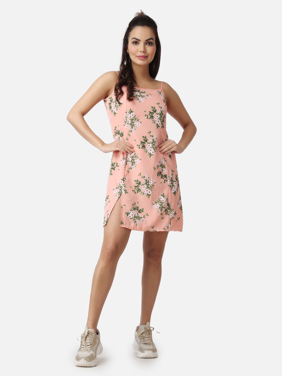 

Popwings Floral Printed Shoulder Strap A-Line Mini Dress, Peach