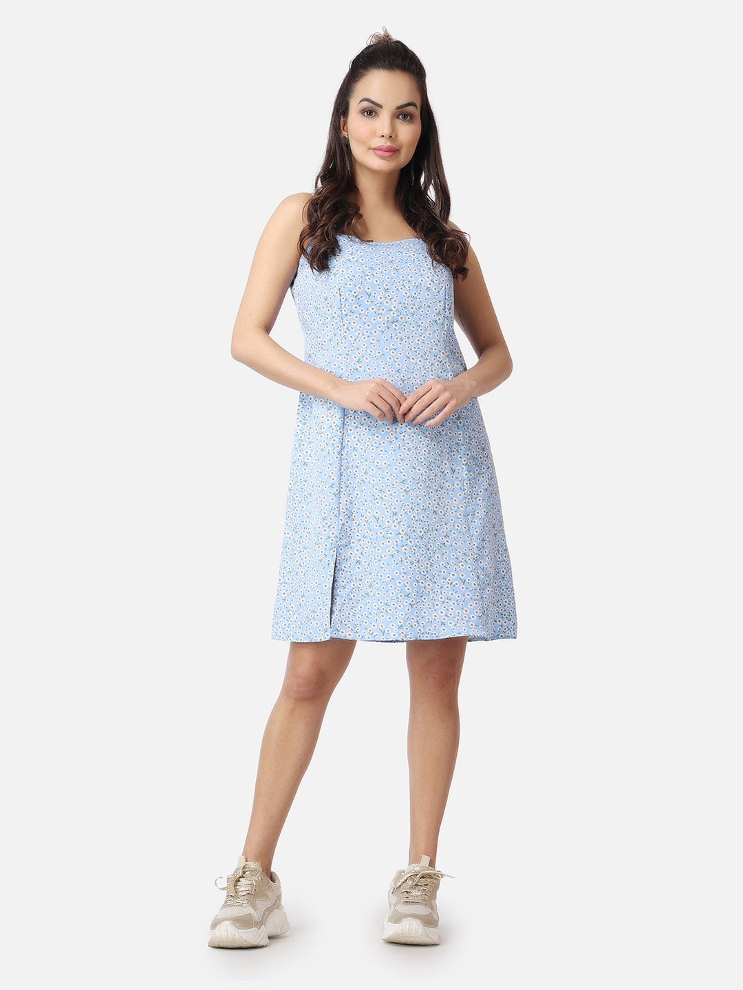 

Popwings Floral Printed Shoulder Strap A-Line Mini Dress, Blue