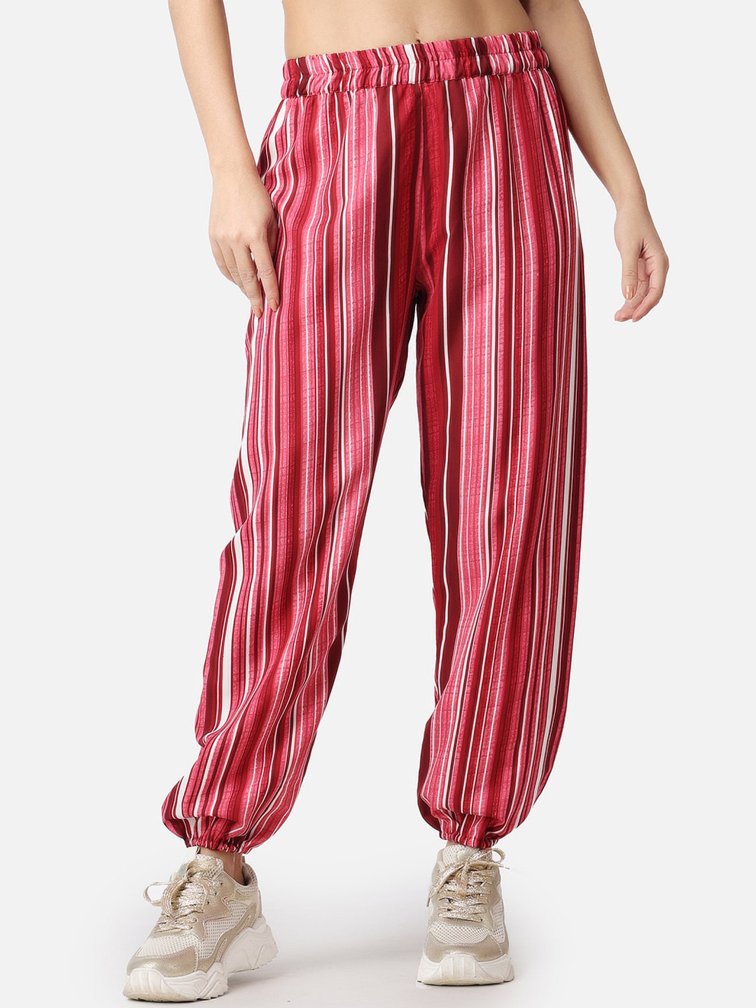 

Popwings Women Striped Relaxed Loose Fit High-Rise Easy Wash Joggers, Pink