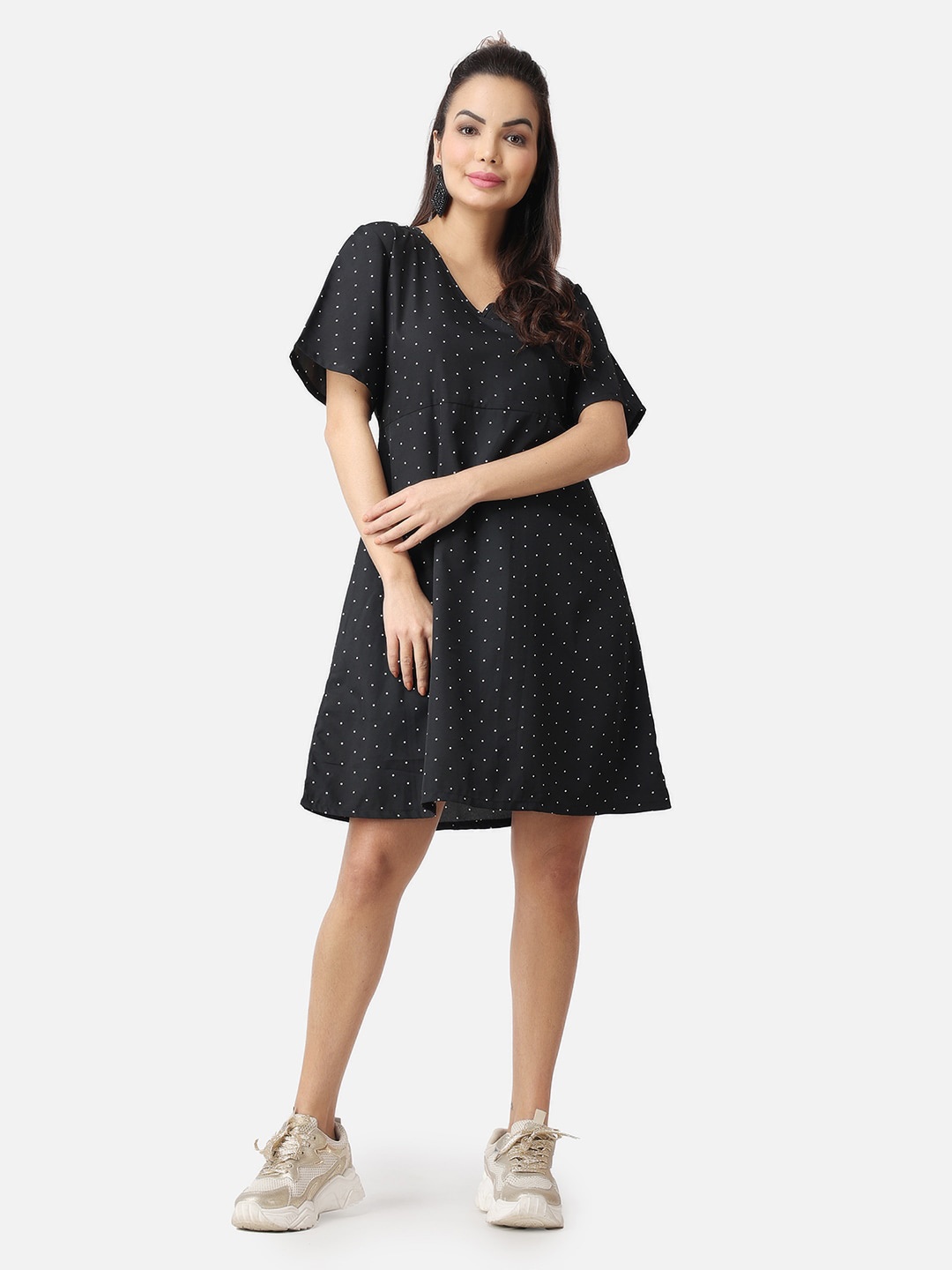 

Popwings Polka Dots Printed Flared Sleeves A-Line Dress, Black