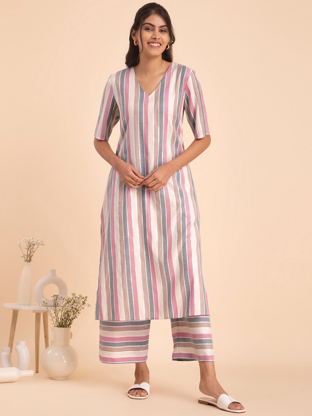 

Pink Fort Striped V-Neck A-Line Pure Cotton Kurta with Palazzos, Cream