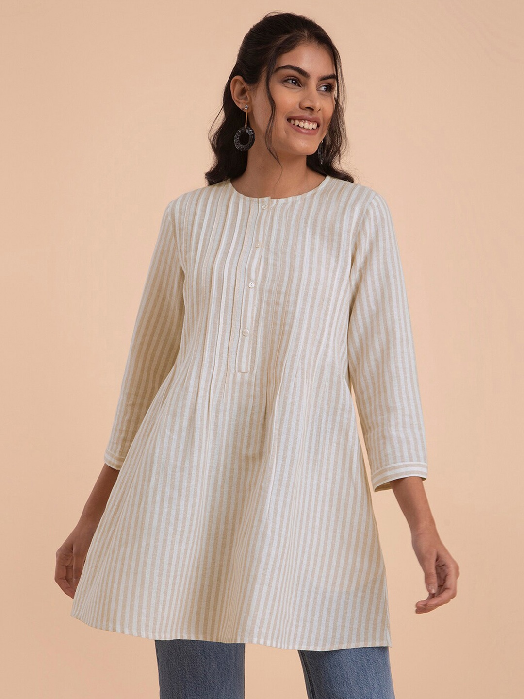 

Pink Fort Striped Cotton A-Line Tunic, Beige