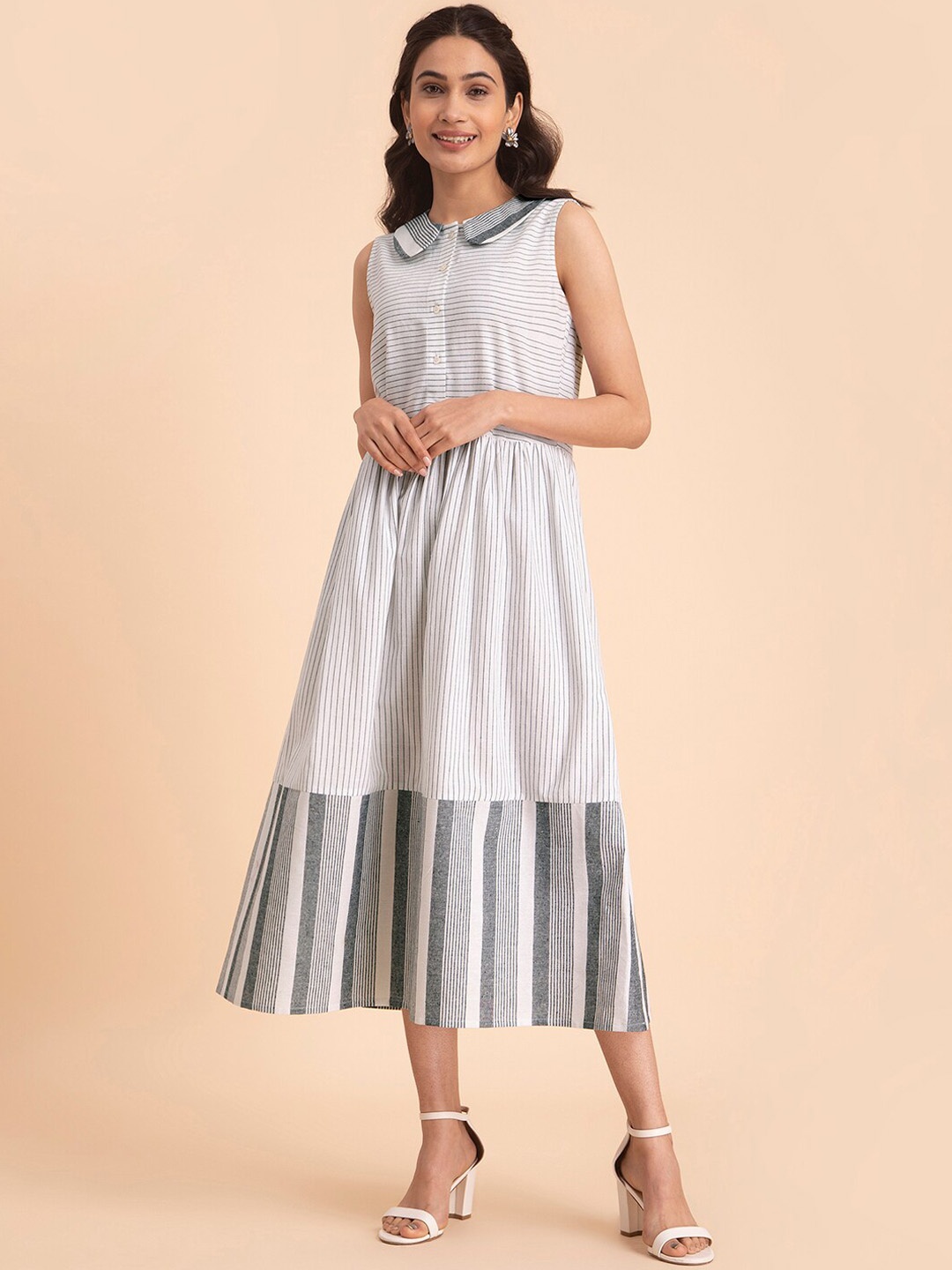 

Pink Fort Peter Pan Collar Striped Fit & Flare Cotton Midi Dress, Black