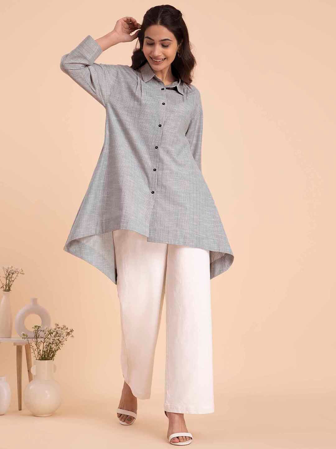 

Pink Fort Striped Cotton Shirt Collar High-Low A-Line Tunic, Grey