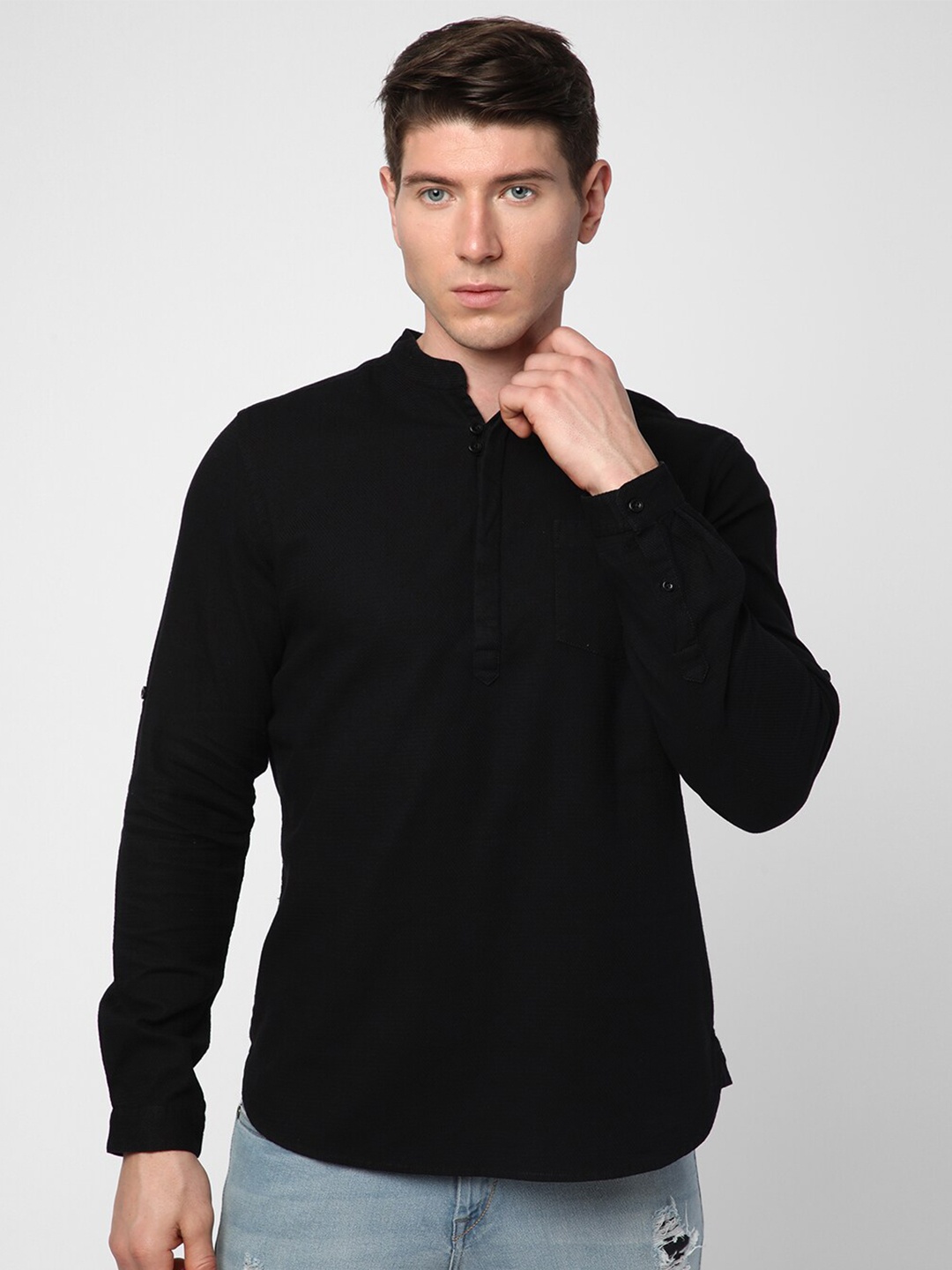 

R&B Texture Band Collar Opaque Cotton Casual Shirt, Black