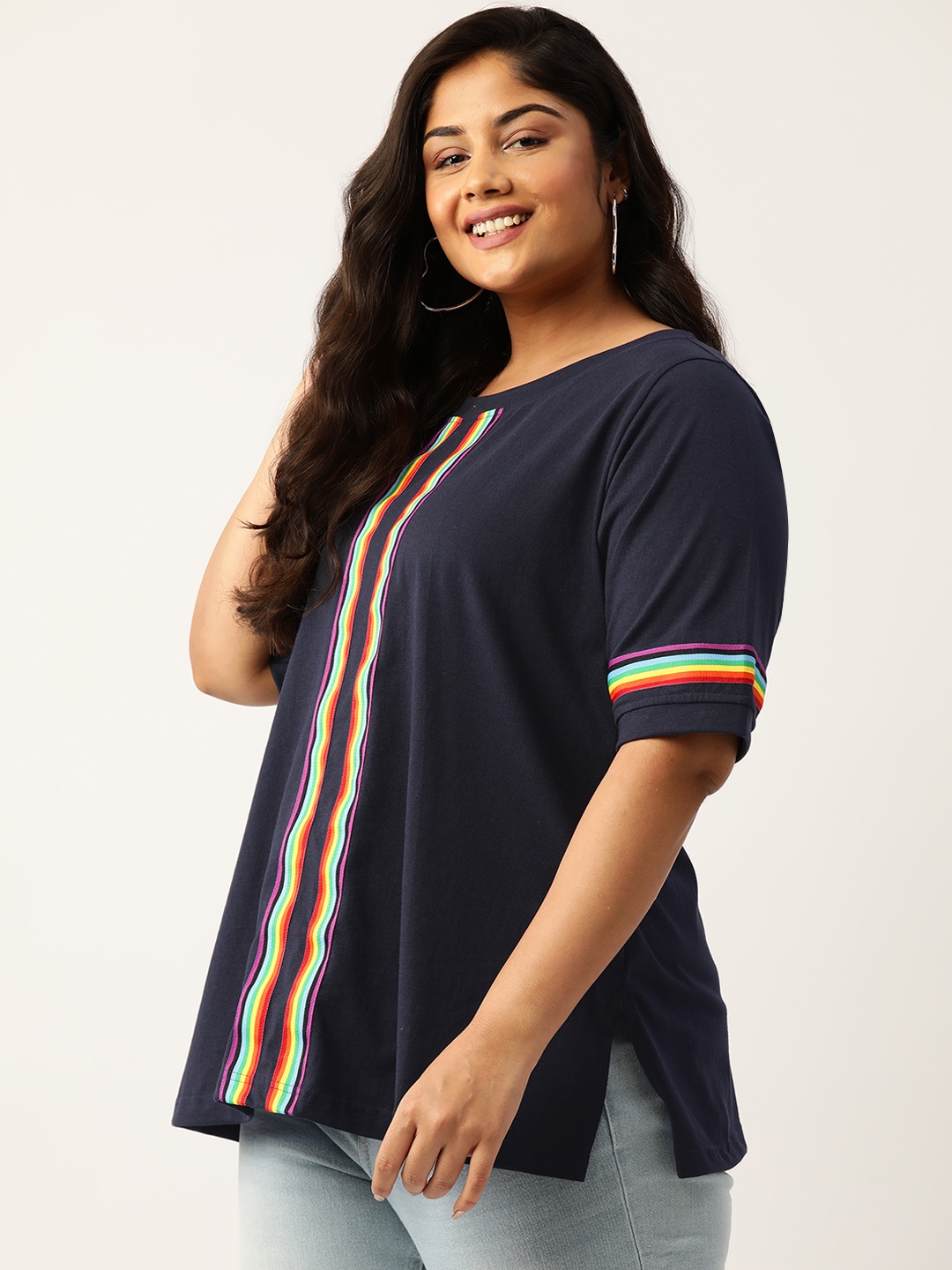 

theRebelinme Plus Size Striped Pure Cotton T-shirt, Navy blue