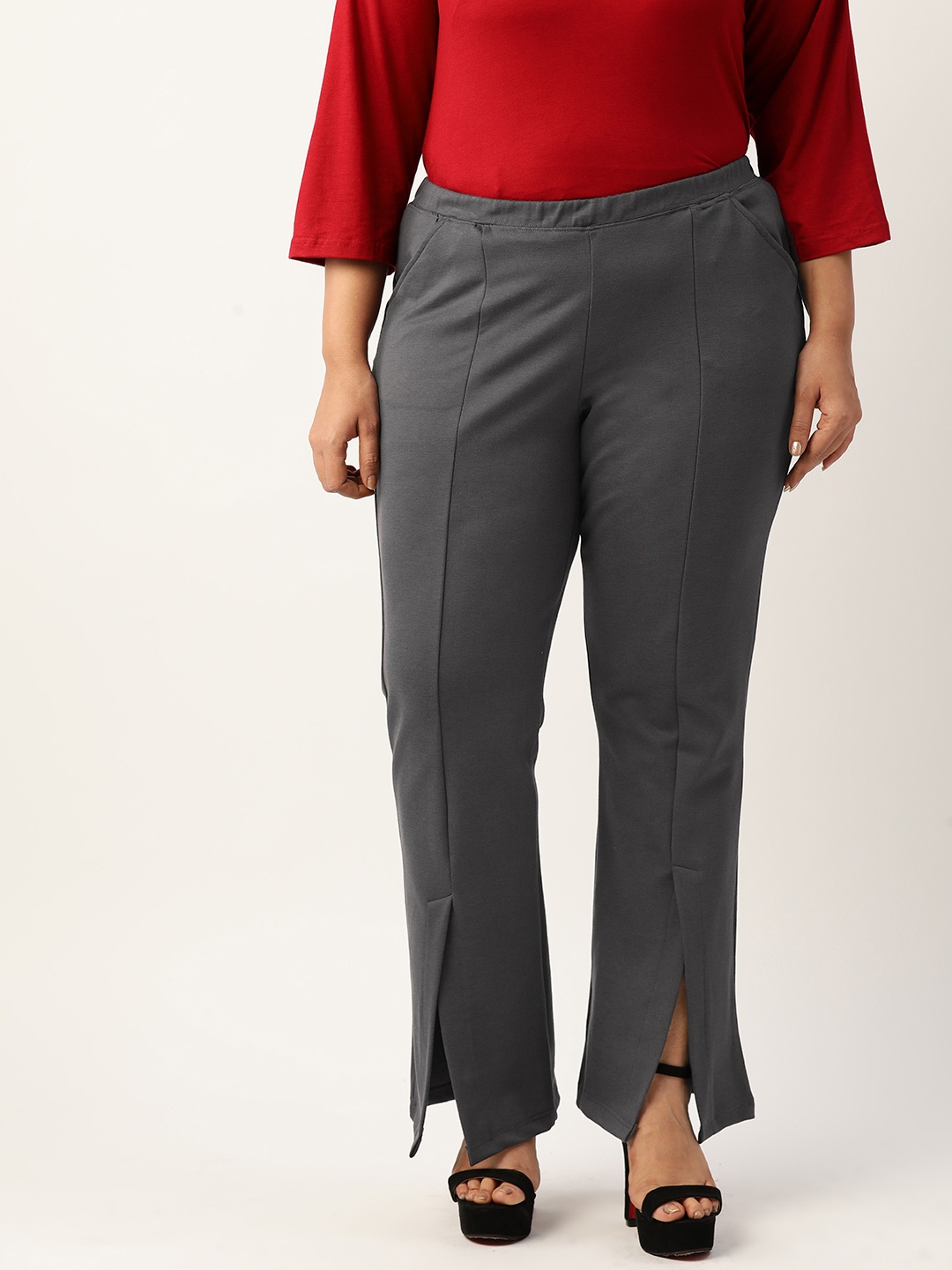 

theRebelinme Plus Size Knitted Relaxed High-Rise Easy Wash Pleated Trousers, Grey