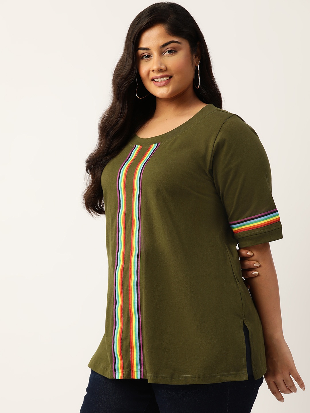 

theRebelinme Plus Size Striped Pure Cotton T-shirt, Olive