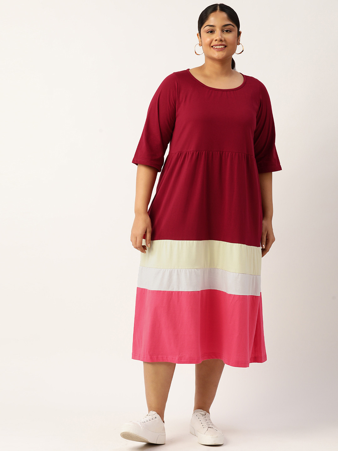 

theRebelinme Plus Size Colourblocked A-Line Pure Cotton Midi Dress, Maroon
