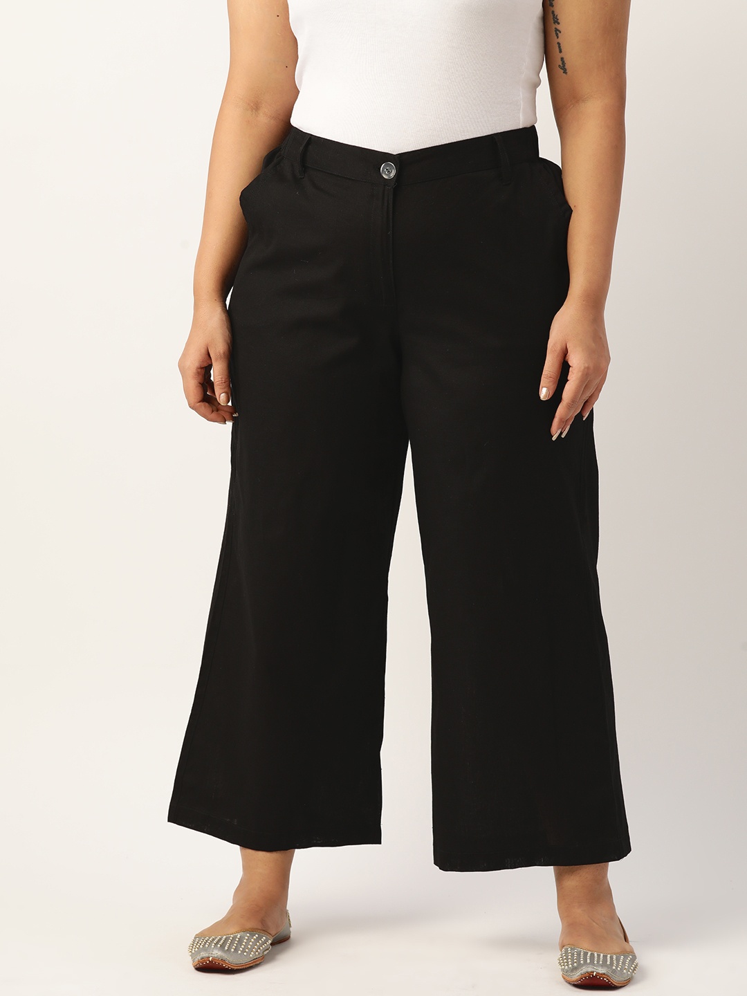 

theRebelinme Plus Size Relaxed High-Rise Easy Wash Linen Trousers, Black