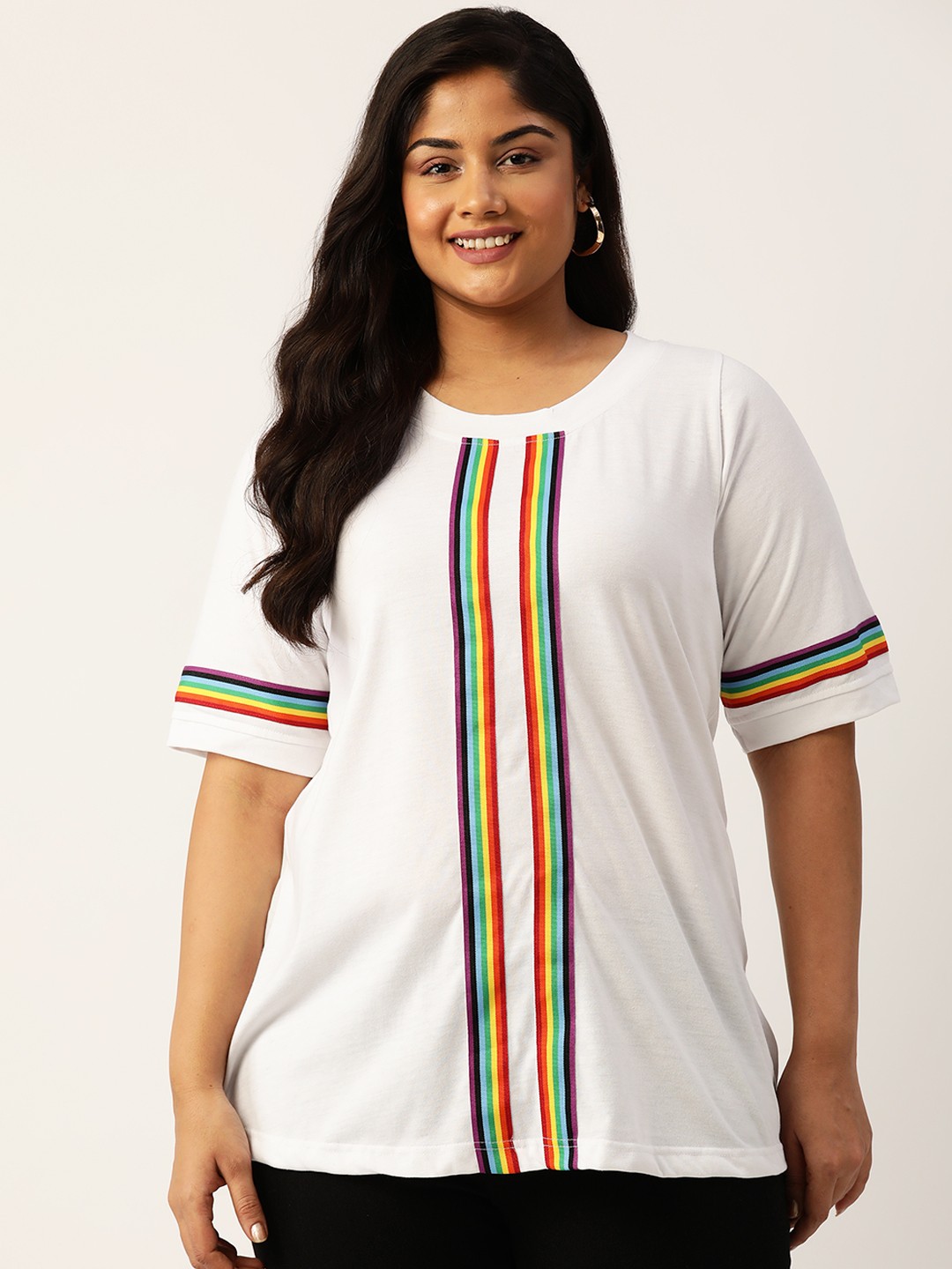 

theRebelinme Plus Size Striped Pure Cotton T-shirt, White
