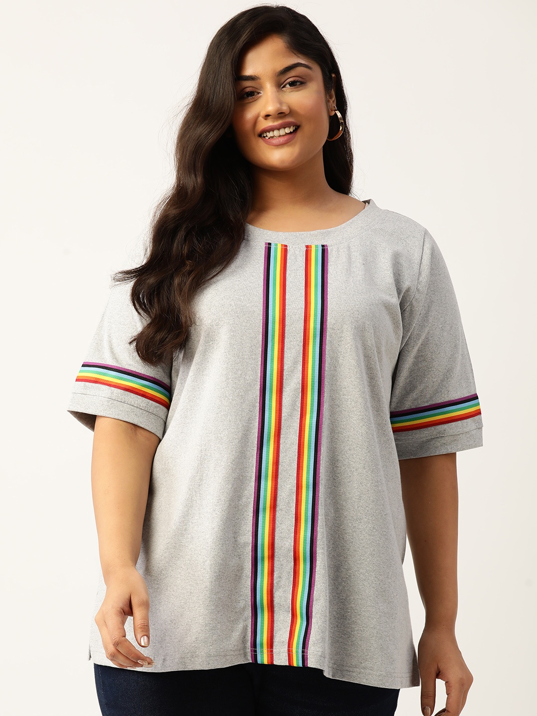 

theRebelinme Plus Size Striped Pure Cotton T-shirt, Grey