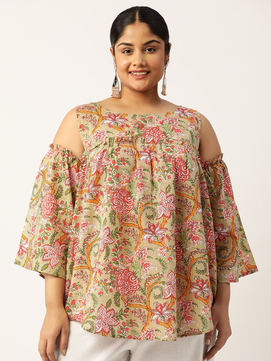 

theRebelinme Plus Size Floral Print Cold-Shoulder Pure Cotton Longline Top, Green