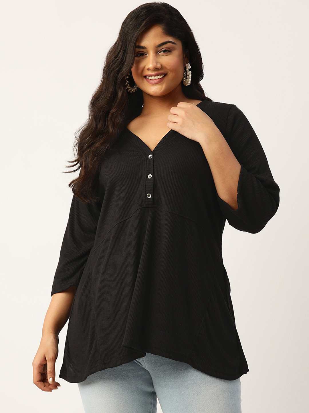 

theRebelinme Plus Size Ribbed Pure Cotton Longline Top, Black