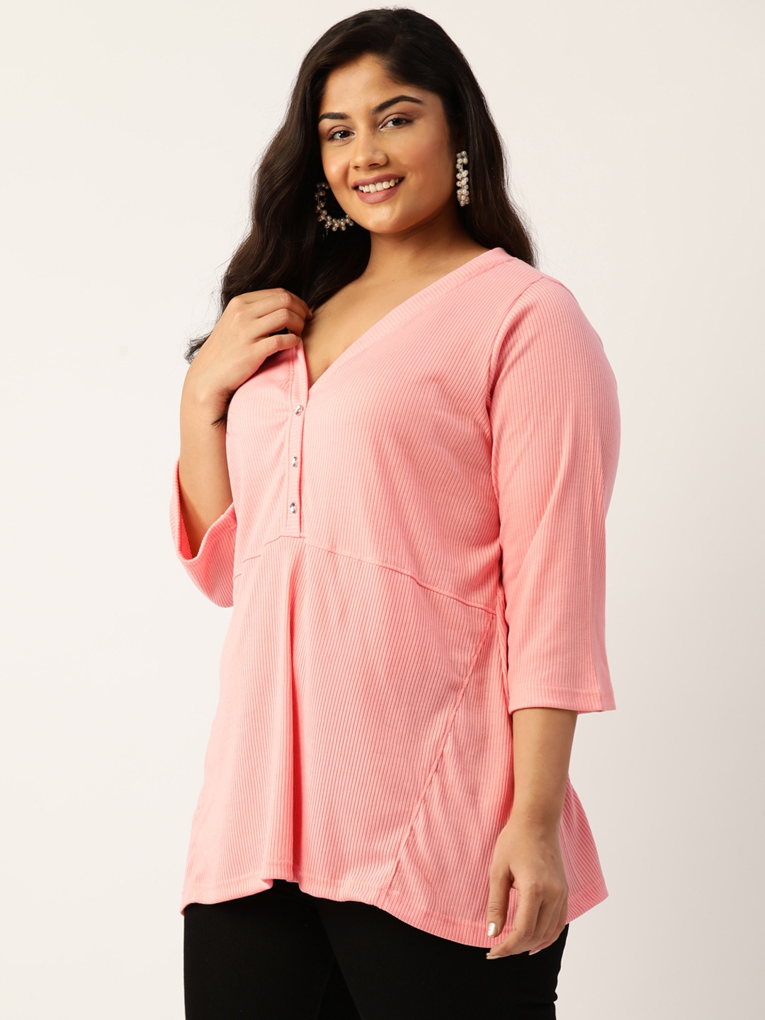 

theRebelinme Plus Size Ribbed Pure Cotton Longline Top, Pink