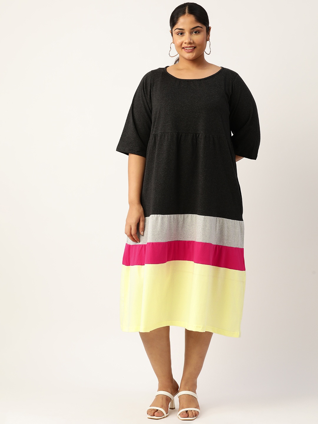 

theRebelinme Plus Size Colourblocked A-Line Pure Cotton Midi Dress, Charcoal