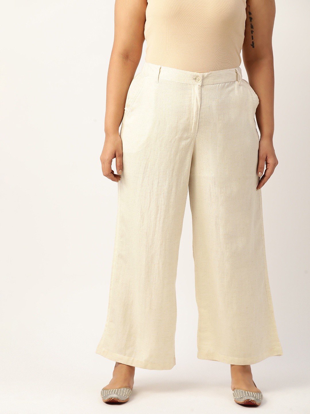 

theRebelinme Plus Size Relaxed High-Rise Easy Wash Linen Trousers, Off white