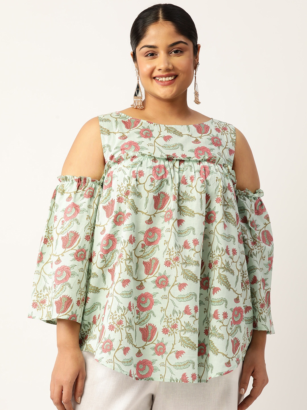 

theRebelinme Plus Size Floral Print Cold-Shoulder Pure Cotton Longline Top, Sea green