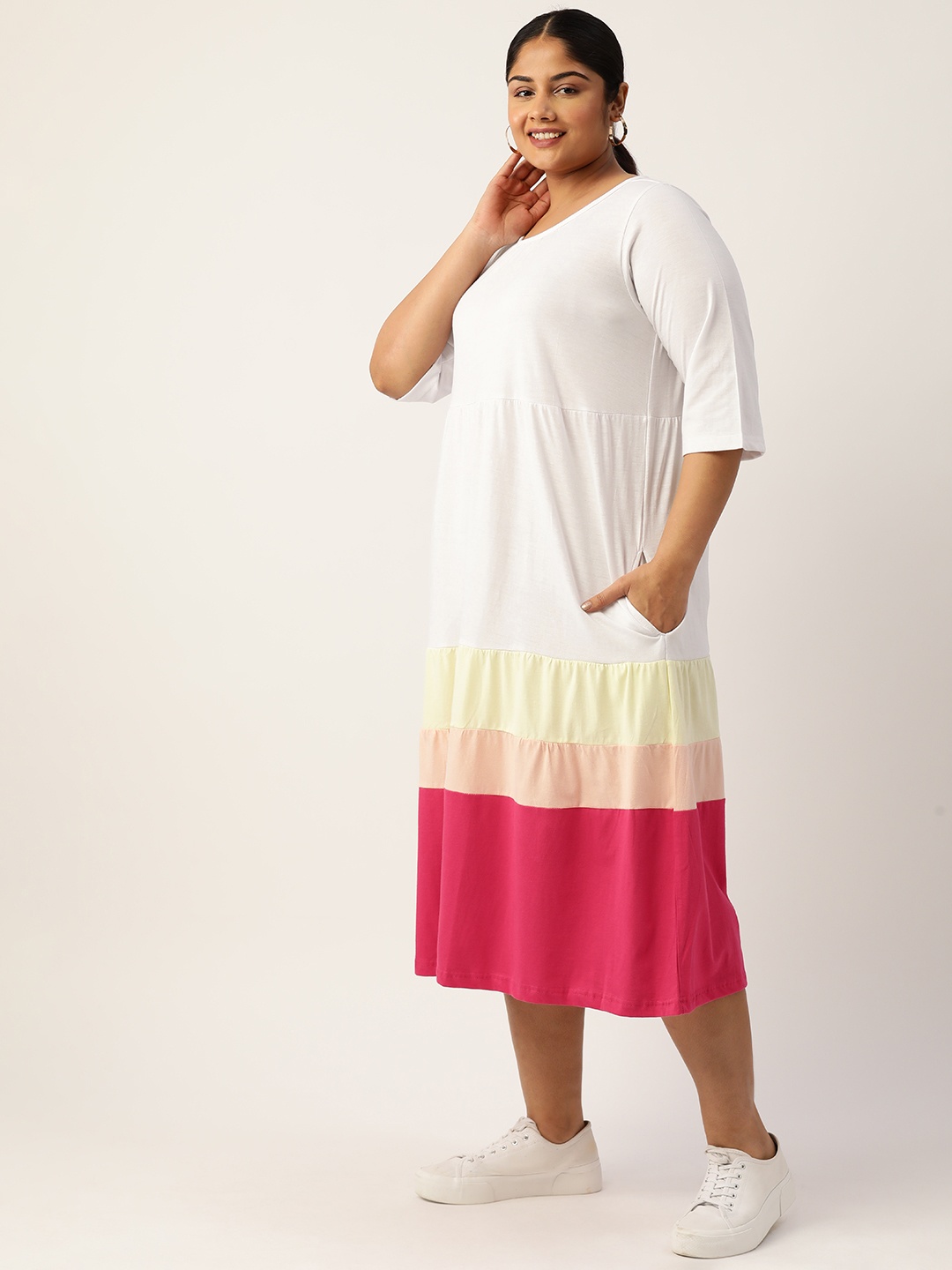 

theRebelinme Plus Size Colourblocked A-Line Pure Cotton Midi Dress, White