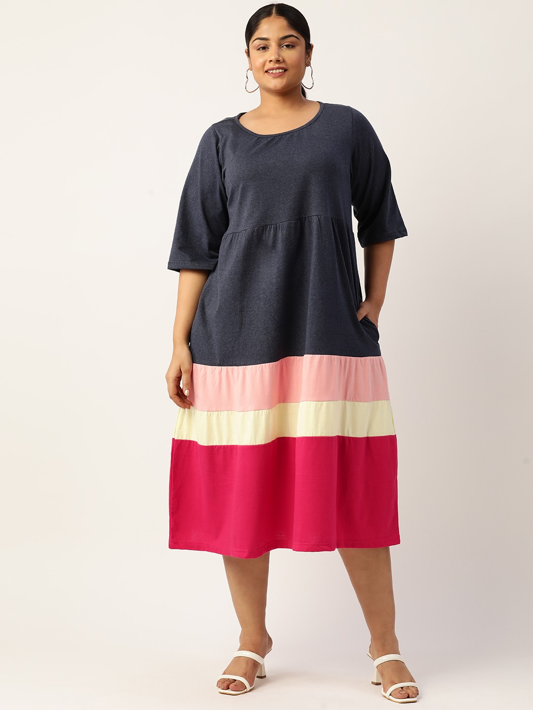 

theRebelinme Plus Size Colourblocked A-Line Pure Cotton Midi Dress, Blue