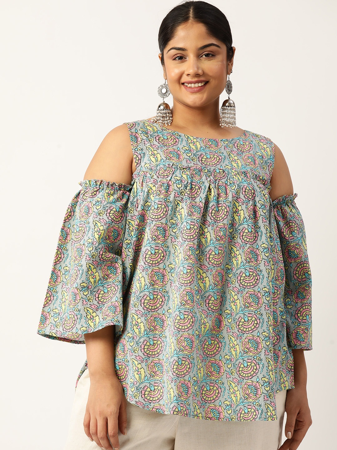 

theRebelinme Plus Size Floral Print Cold-Shoulder Pure Cotton Longline Top, Grey
