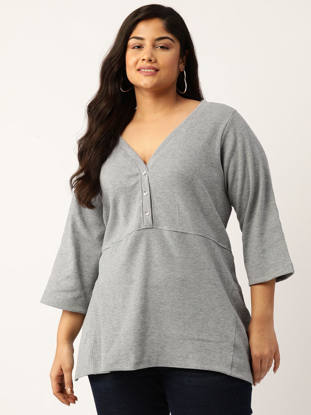 

theRebelinme Plus Size Ribbed Pure Cotton Longline Top, Grey