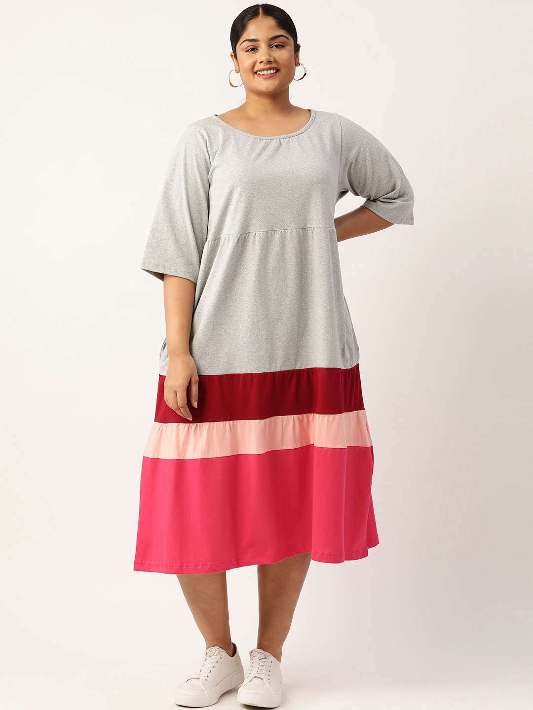 

theRebelinme Plus Size Colourblocked A-Line Pure Cotton Midi Dress, Grey