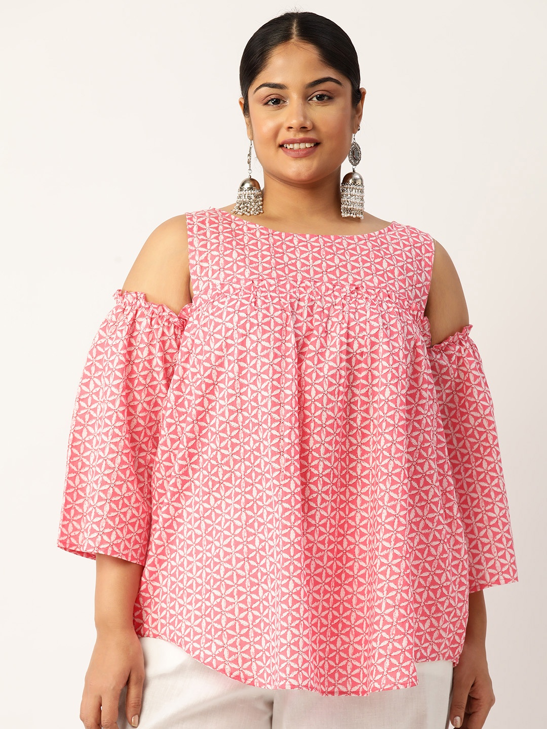 

theRebelinme Plus Size Floral Print Cold-Shoulder Pure Cotton Longline Top, Pink