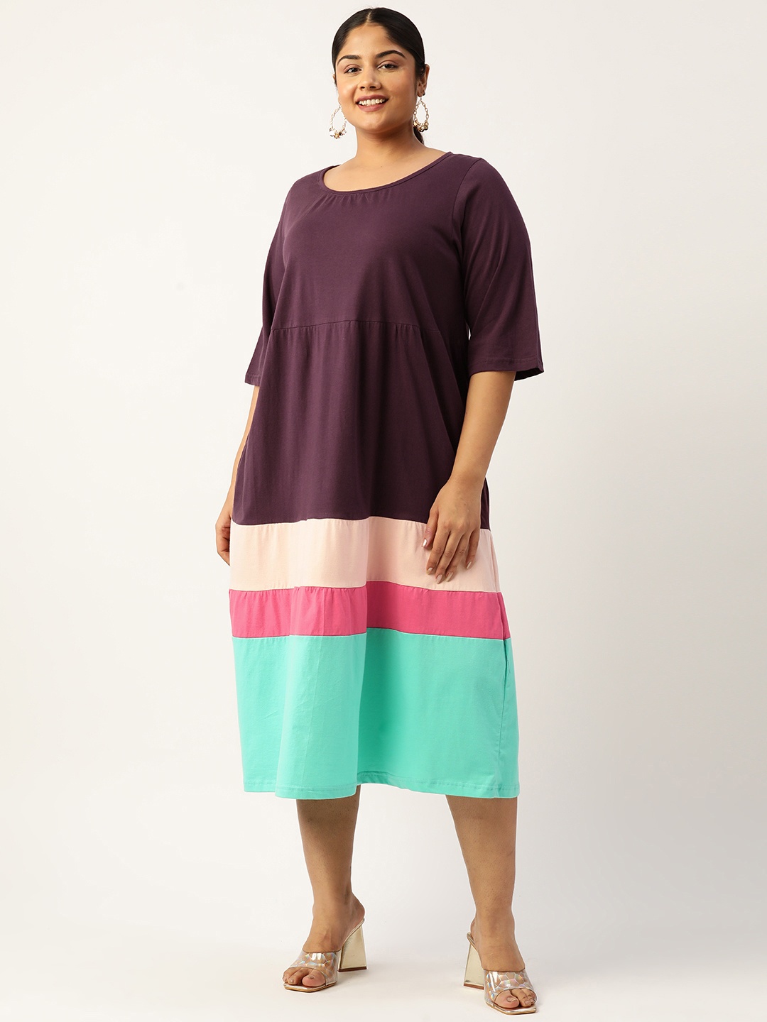 

theRebelinme Plus Size Colourblocked A-Line Pure Cotton Midi Dress, Purple