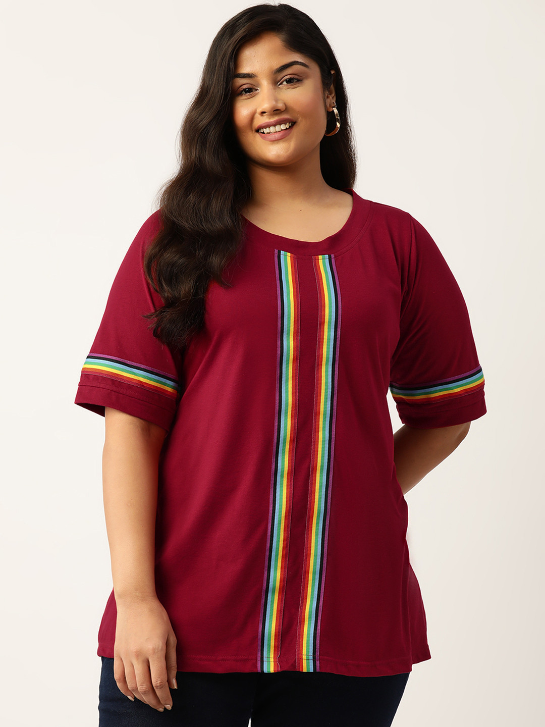 

theRebelinme Plus Size Striped Pure Cotton T-shirt, Maroon