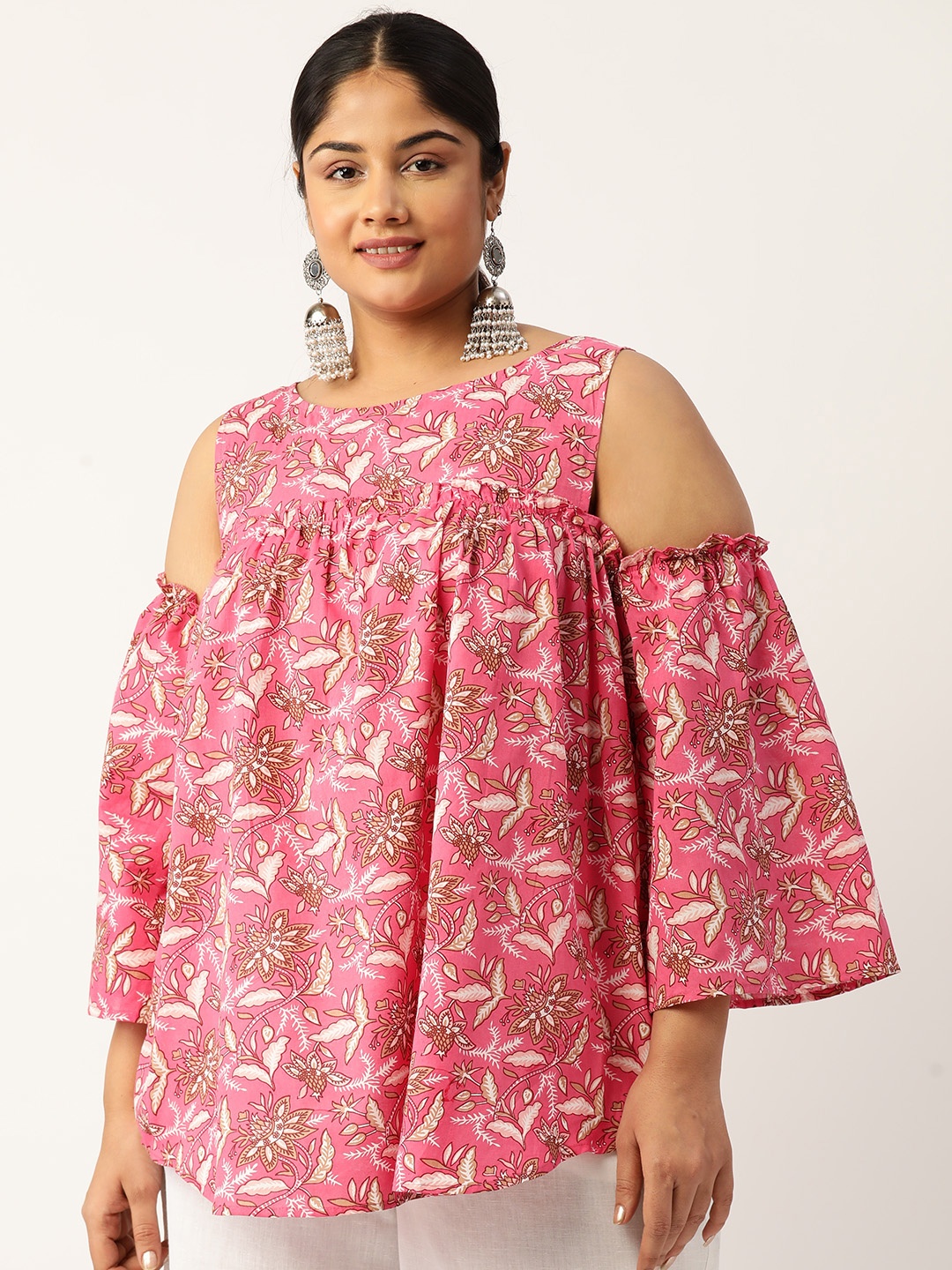 

theRebelinme Plus Size Floral Print Cold-Shoulder Pure Cotton Longline Top, Fuchsia