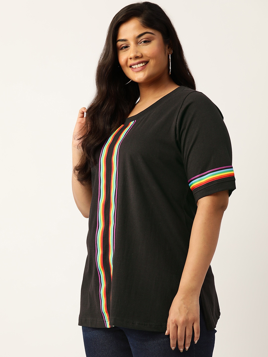 

theRebelinme Plus Size Striped Pure Cotton T-shirt, Black