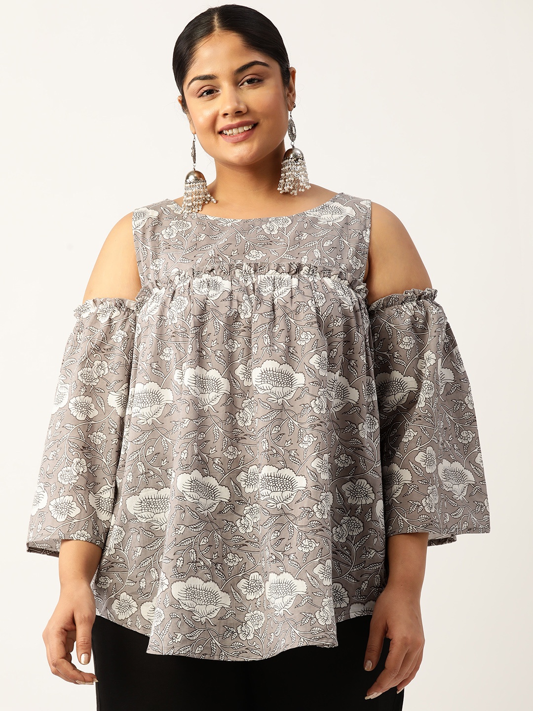 

theRebelinme Plus Size Floral Print Cold-Shoulder Pure Cotton Longline Top, Grey