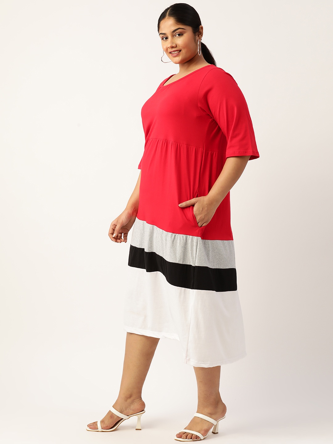 

theRebelinme Plus Size Colourblocked A-Line Pure Cotton Midi Dress, Red