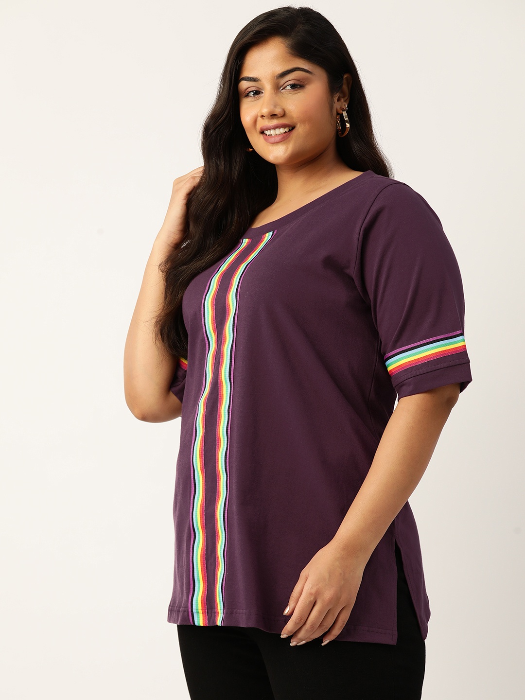 

theRebelinme Plus Size Striped Pure Cotton T-shirt, Purple