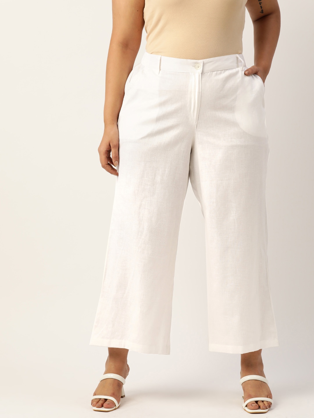 

theRebelinme Plus Size Relaxed High-Rise Easy Wash Linen Trousers, White