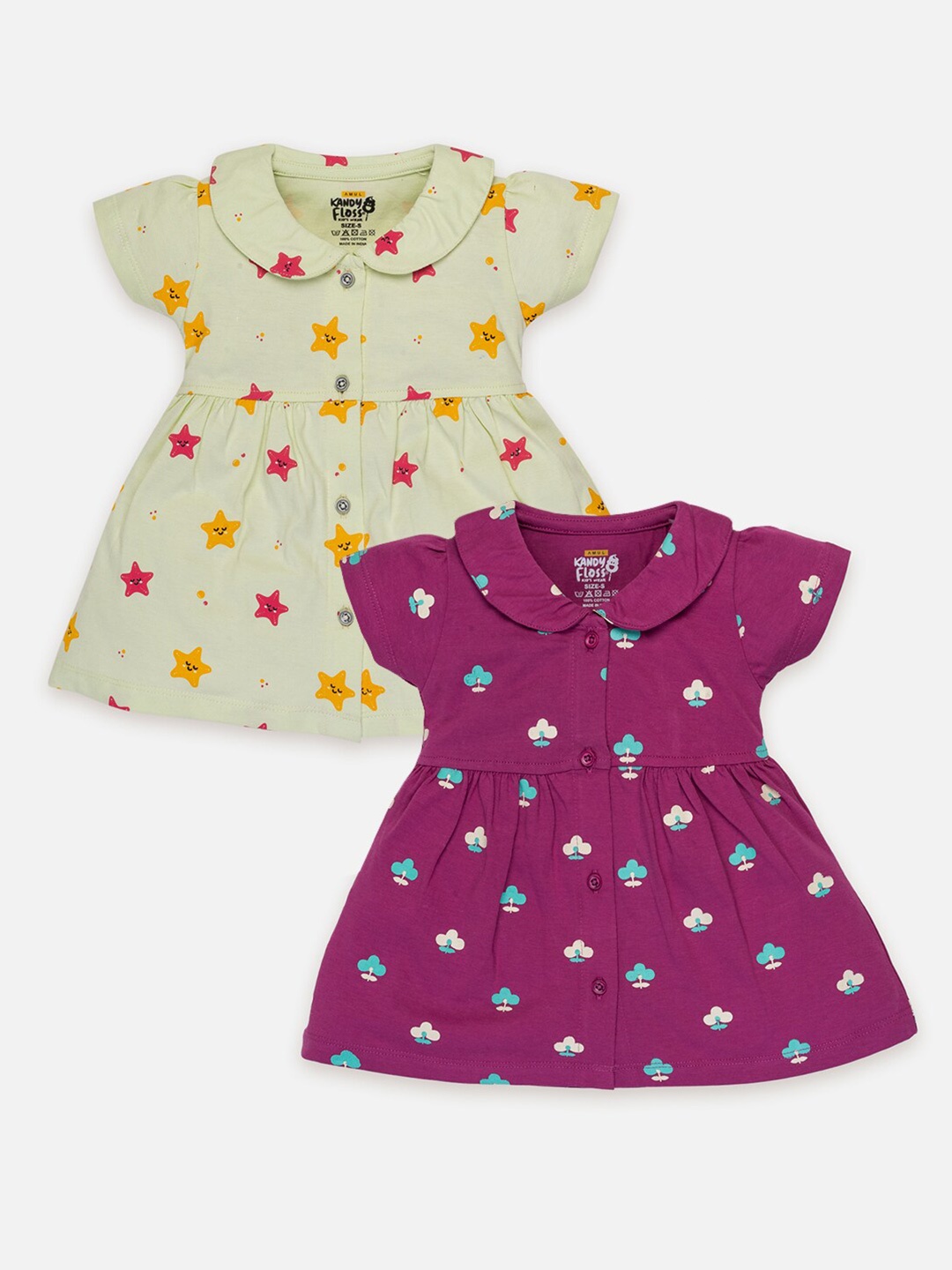 

AMUL Kandyfloss Girls Pack of 2 Print Peter Pan Collar Fit & Flare Dress, Yellow