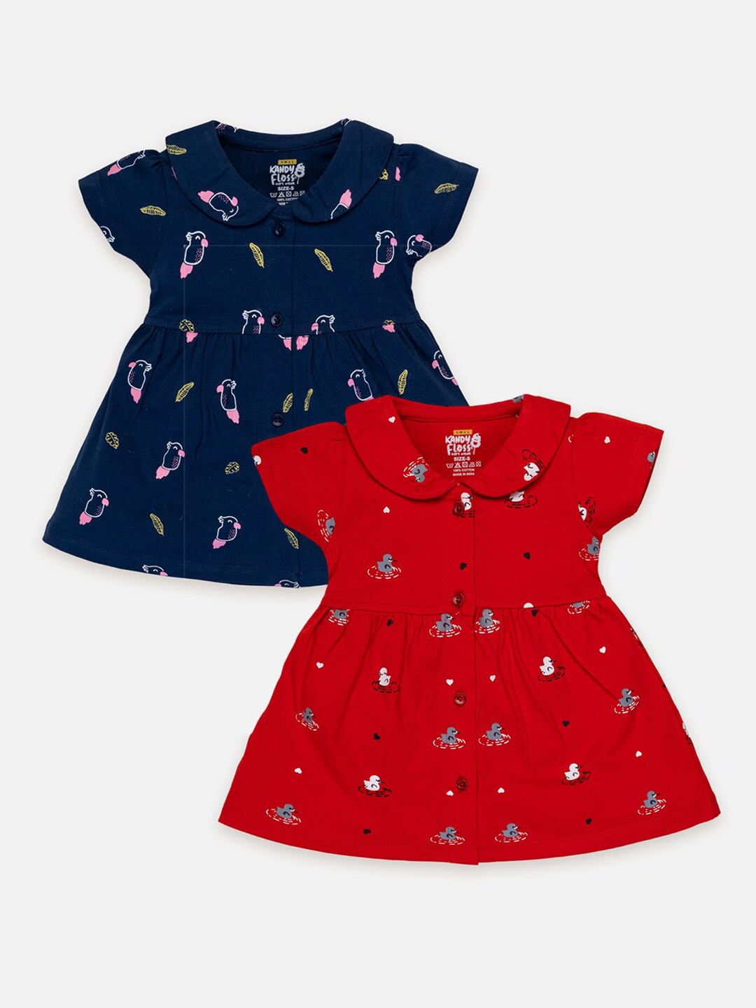 

AMUL Kandyfloss Girls Pack of 2 Print Peter Pan Collar Fit & Flare Dress, Navy blue