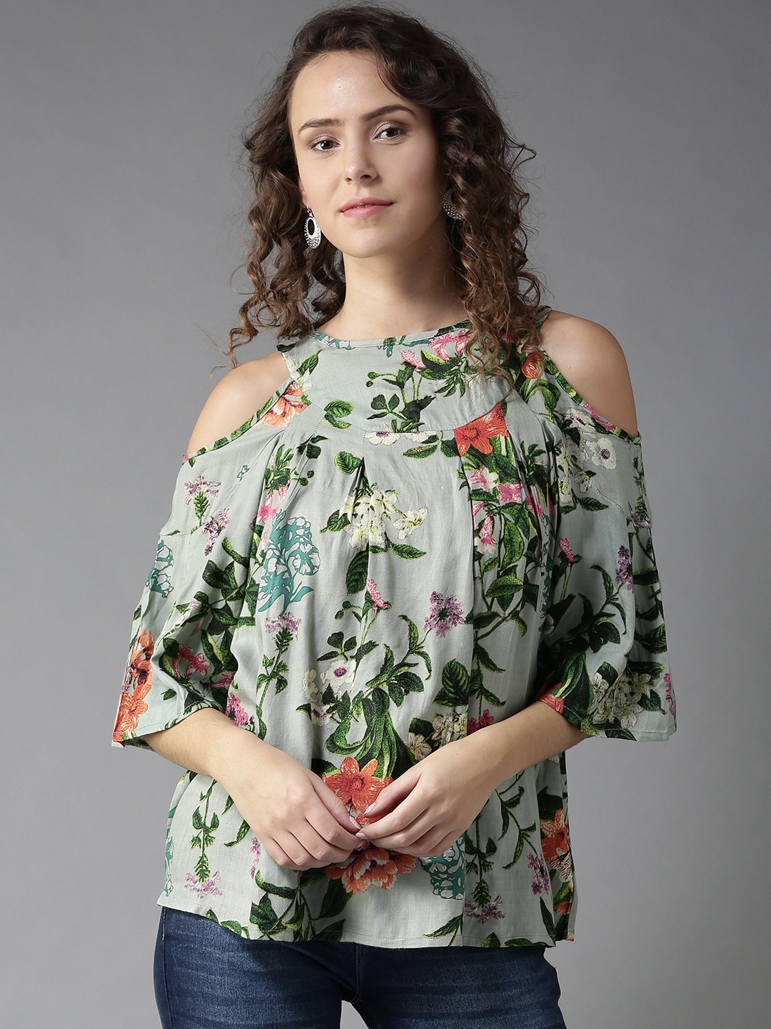 

HERE&NOW Women Green Printed A-Line Cold-Shoulder Top