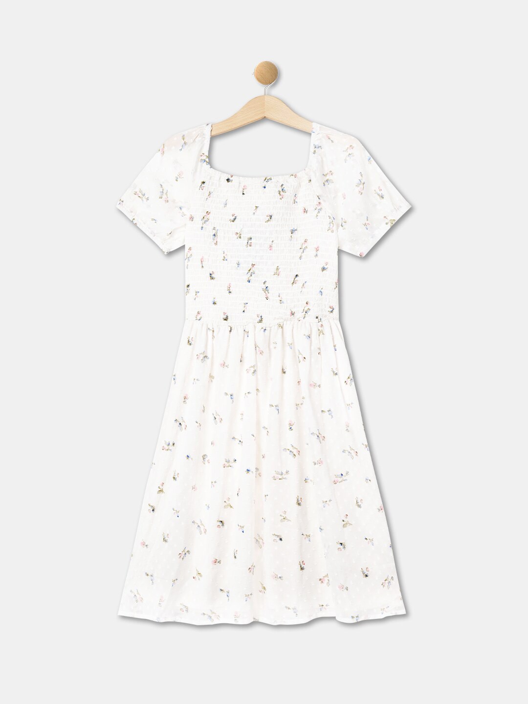 

R&B Girls Square Neck Floral Printed Smocked Fit & Flare Dress, White